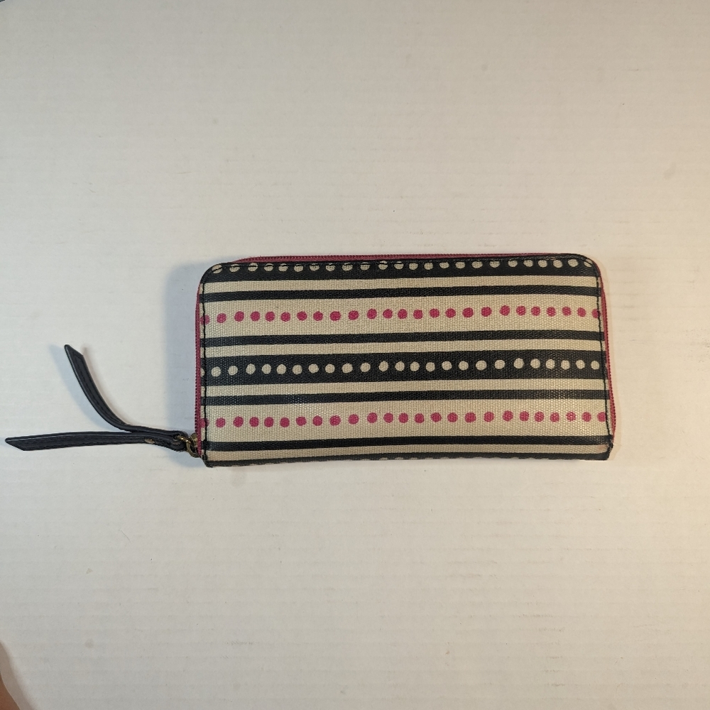 Fossil clutch Zip Around coin purse pink black  off white stripes polka dots - Picture 3 of 14